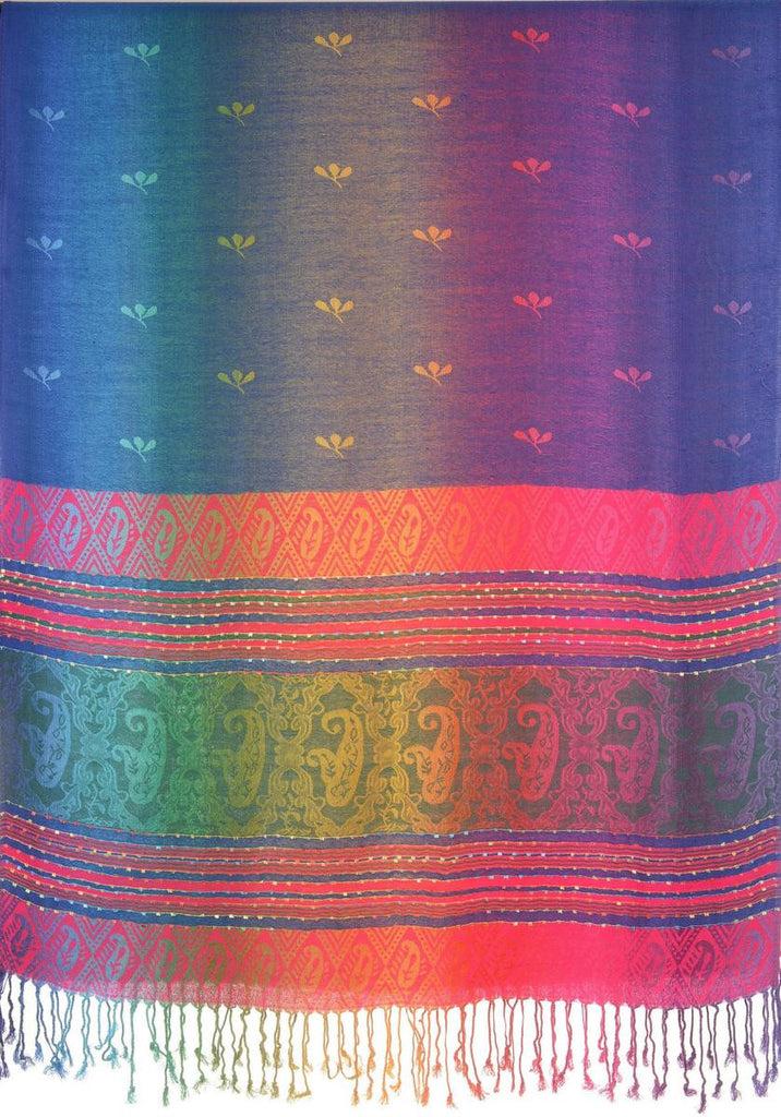 Liss Kiss Small Clover On Persian Blue Ombre Pashmina With Tassels - Scarf