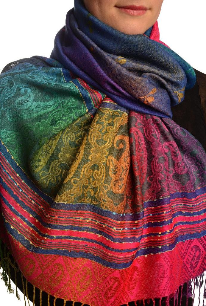 Liss Kiss Small Clover On Persian Blue Ombre Pashmina With Tassels - Scarf