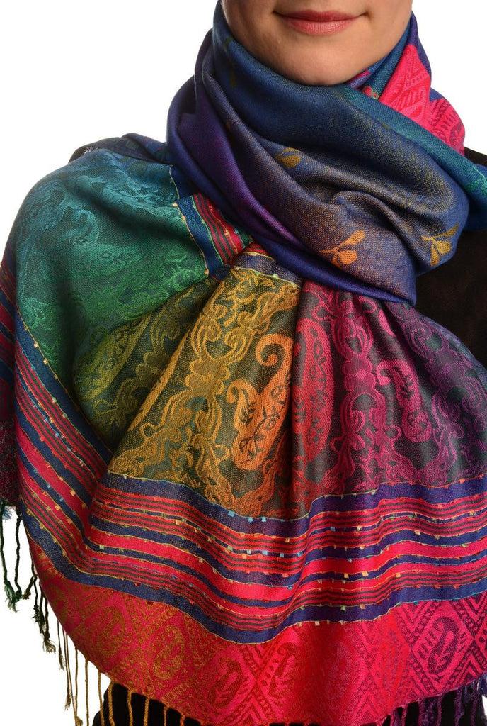 liss kiss Small Clover On Persian Blue Ombre Pashmina With Tassels - Scarf