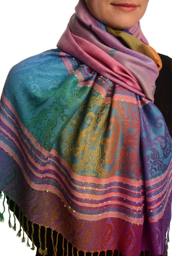 Liss Kiss Small Clover On Pink Ombre Pashmina With Tassels - Scarf