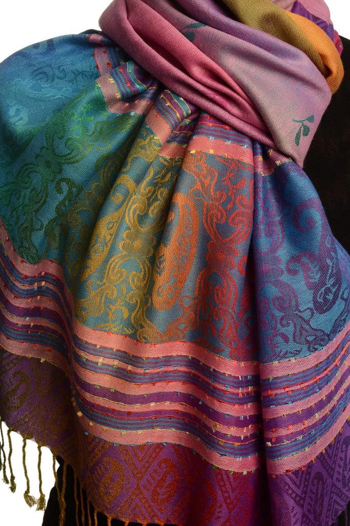 Liss Kiss Small Clover On Pink Ombre Pashmina With Tassels - Scarf
