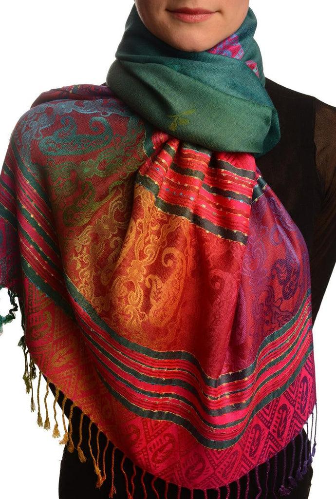 liss kiss Small Clover On Prussian Blue Ombre Pashmina With Tassels - Scarf