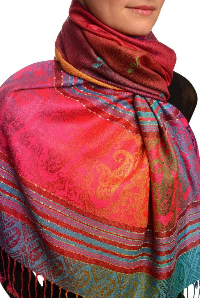 Liss Kiss Small Clover On Red Ombre Pashmina With Tassels - Scarf