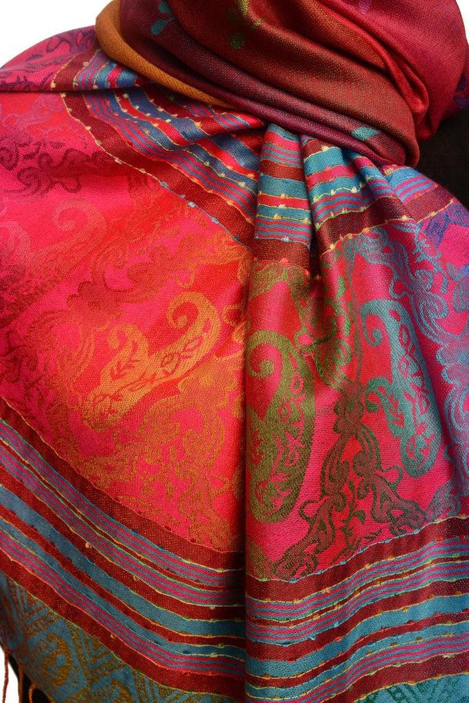 Liss Kiss Small Clover On Red Ombre Pashmina With Tassels - Scarf