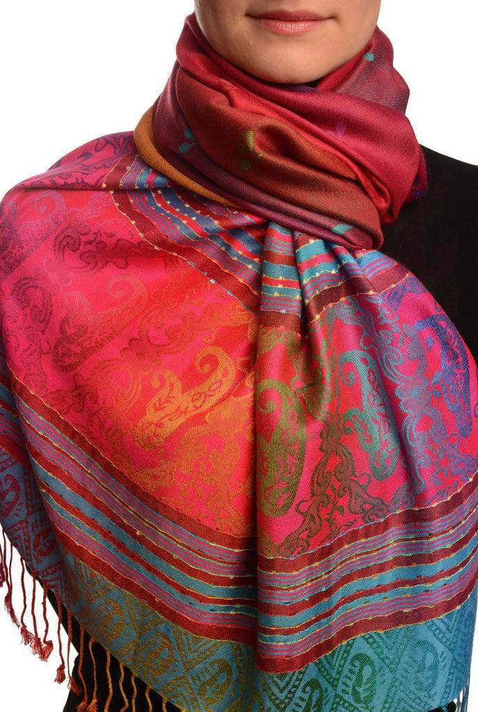 liss kiss Small Clover On Red Ombre Pashmina With Tassels - Scarf
