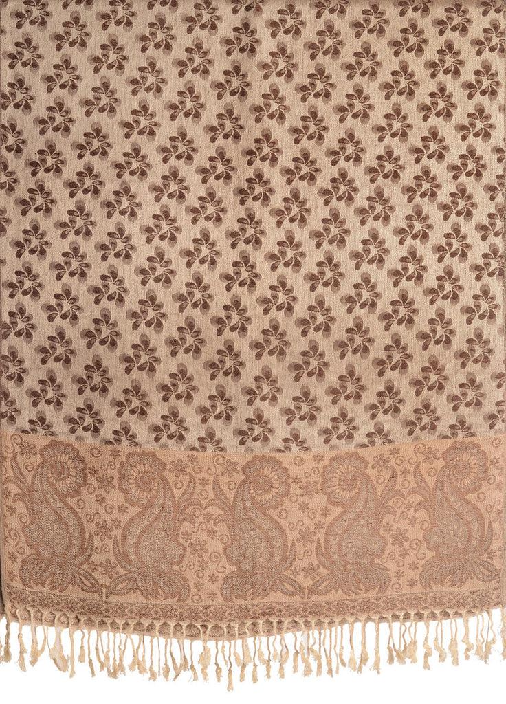 Liss Kiss Small Clovers On Chocolate Brown Pashmina With Tassels - Scarf