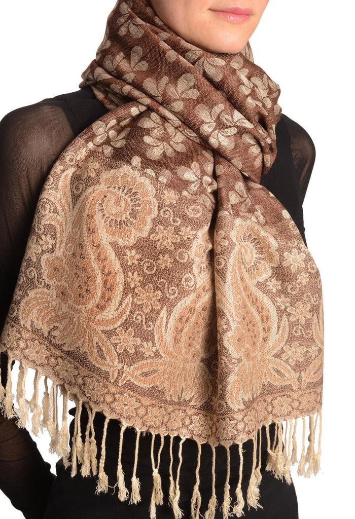 Liss Kiss Small Clovers On Chocolate Brown Pashmina With Tassels - Scarf