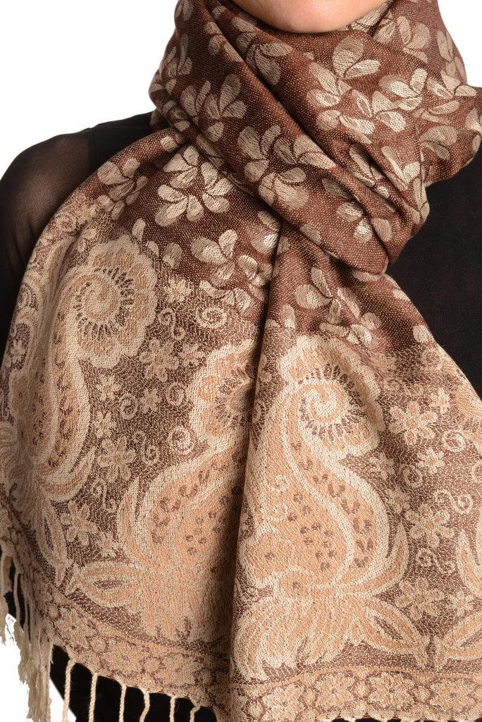 Liss Kiss Small Clovers On Chocolate Brown Pashmina With Tassels - Scarf