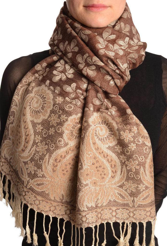 liss kiss Small Clovers On Chocolate Brown Pashmina With Tassels - Scarf