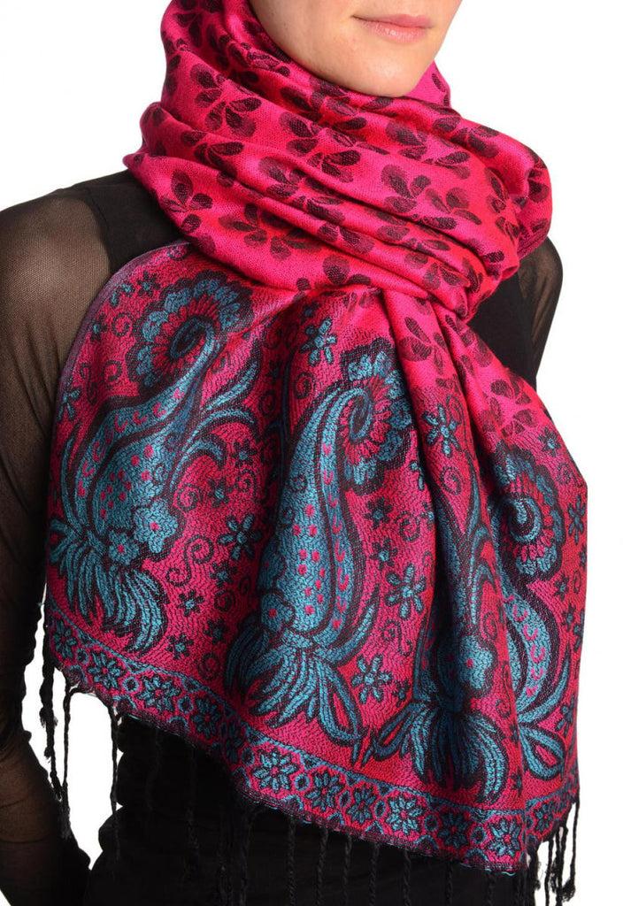 Liss Kiss Small Clovers On Magenta Pink Pashmina With Tassels - Scarf