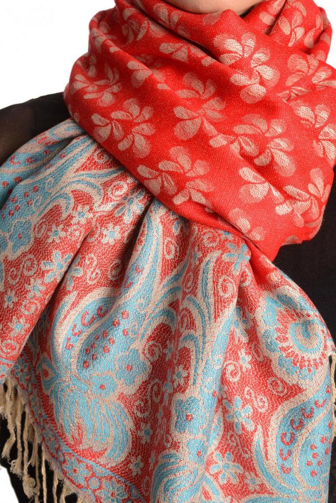 Liss Kiss Small Clovers On Red Pashmina With Tassels - Scarf