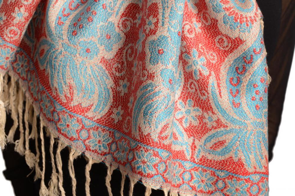 Liss Kiss Small Clovers On Red Pashmina With Tassels - Scarf