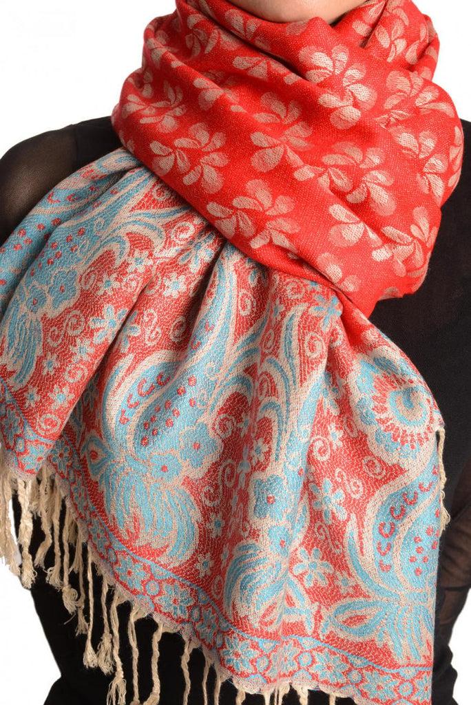 Liss Kiss Small Clovers On Red Pashmina With Tassels - Scarf