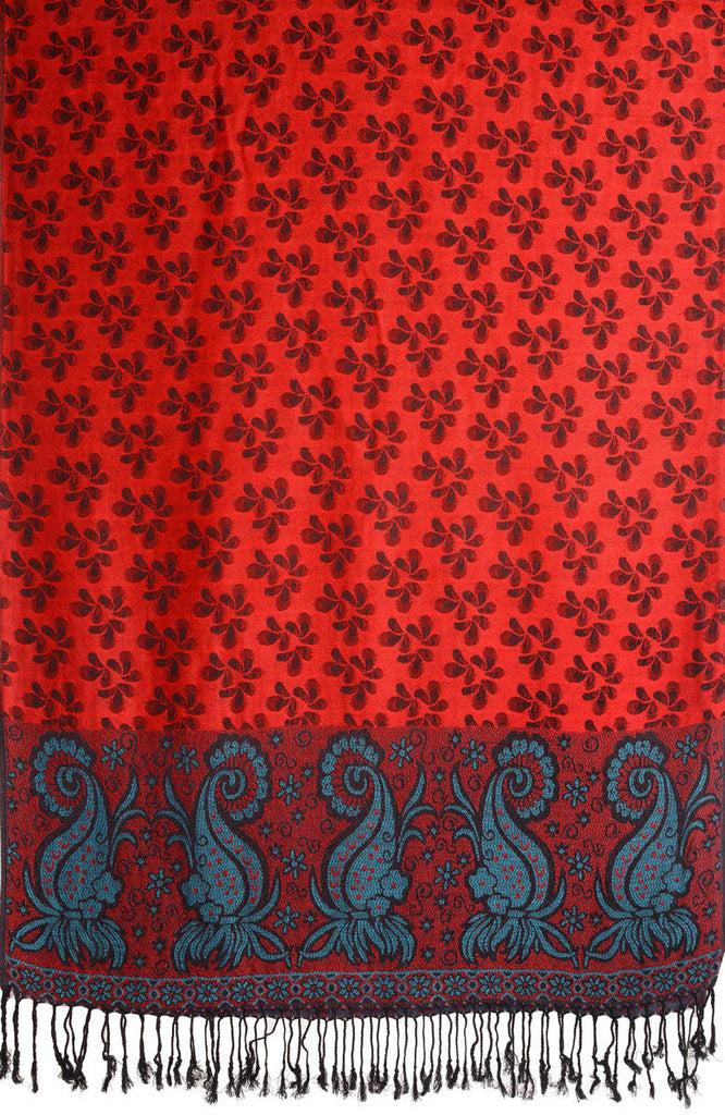 Liss Kiss Small Clovers On Red Pashmina With Tassels - Scarf
