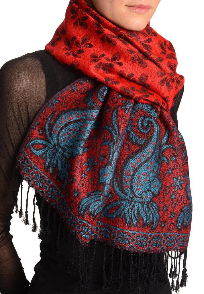 Liss Kiss Small Clovers On Red Pashmina With Tassels - Scarf