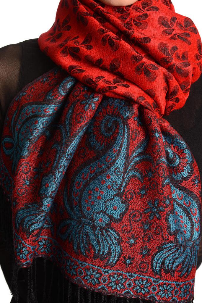 Liss Kiss Small Clovers On Red Pashmina With Tassels - Scarf
