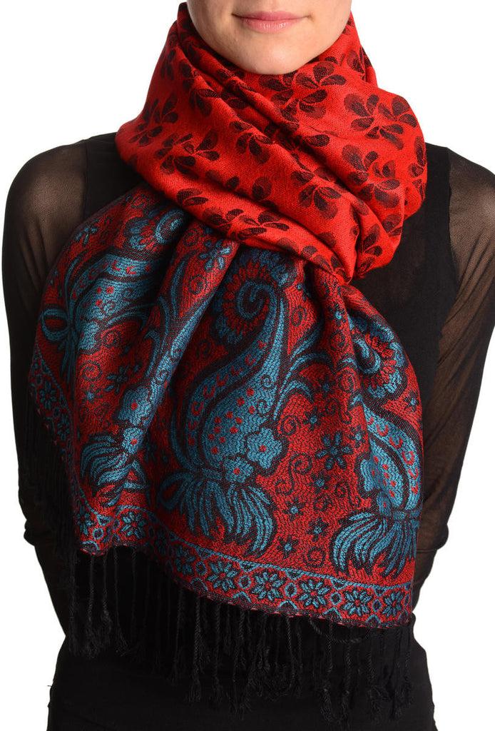 liss kiss Small Clovers On Red Pashmina With Tassels - Scarf