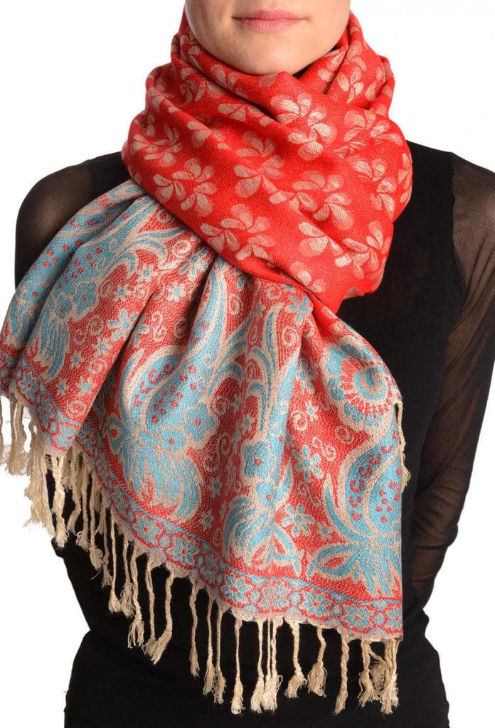 liss kiss Small Clovers On Red Pashmina With Tassels - Scarf