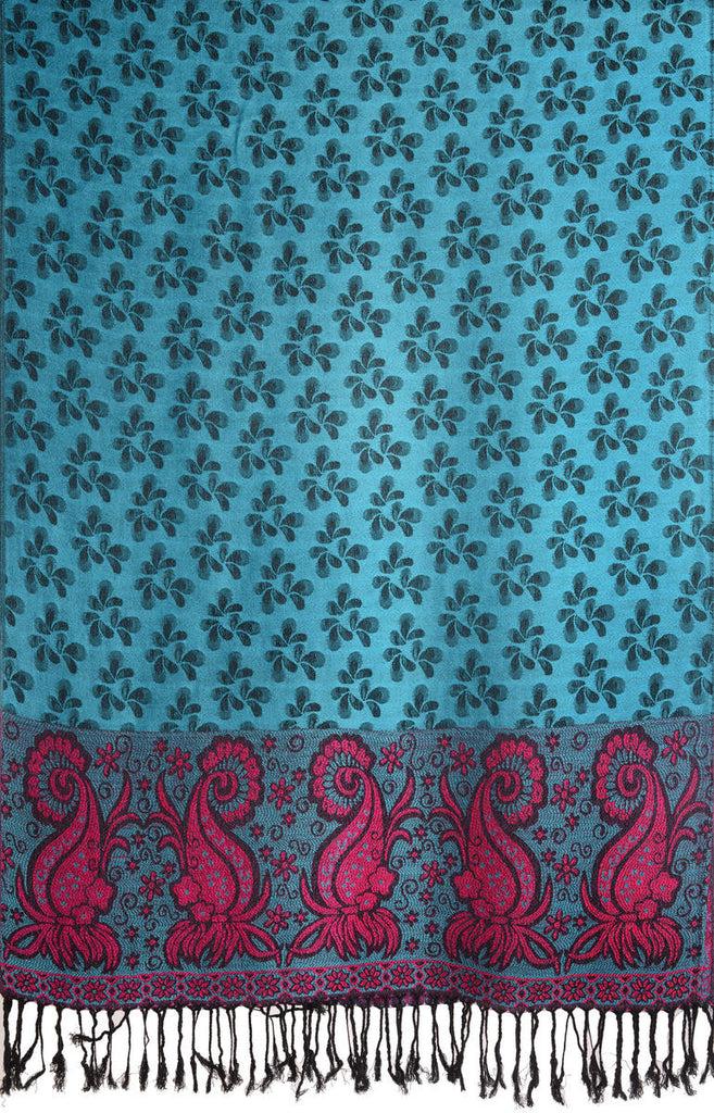Liss Kiss Small Clovers On Sapphire Blue Pashmina With Tassels - Scarf