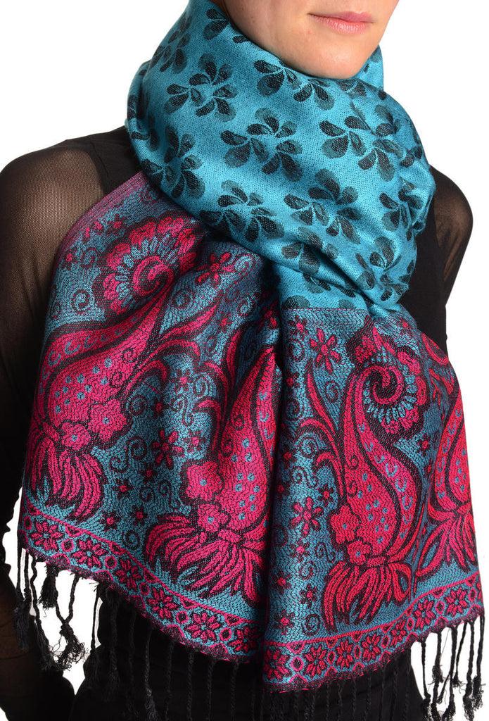 Liss Kiss Small Clovers On Sapphire Blue Pashmina With Tassels - Scarf