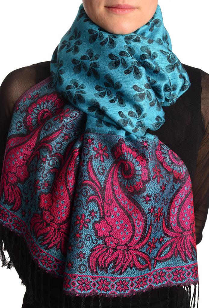 liss kiss Small Clovers On Sapphire Blue Pashmina With Tassels - Scarf