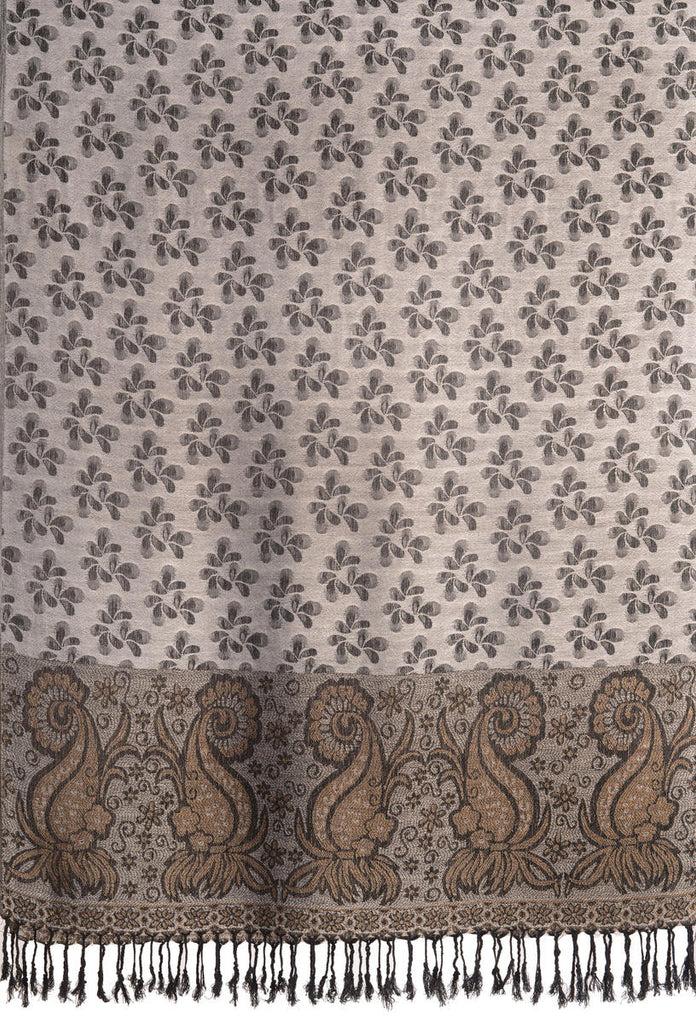 Liss Kiss Small Clovers On Silver Grey Pashmina With Tassels - Scarf