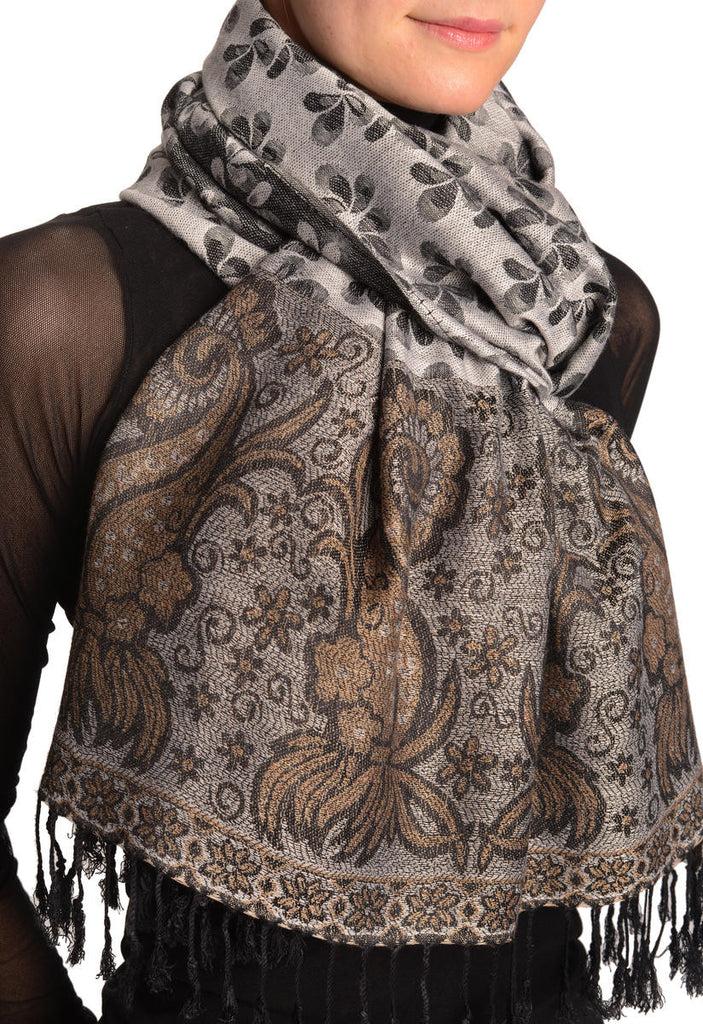 Liss Kiss Small Clovers On Silver Grey Pashmina With Tassels - Scarf