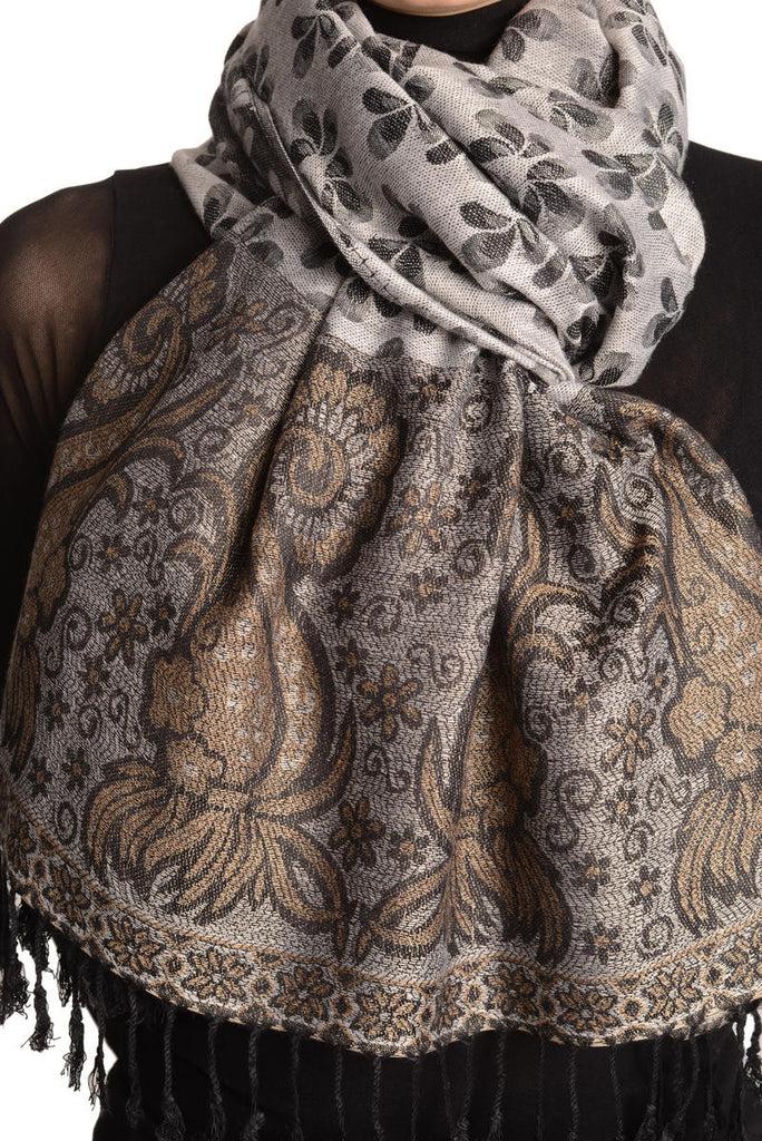 Liss Kiss Small Clovers On Silver Grey Pashmina With Tassels - Scarf