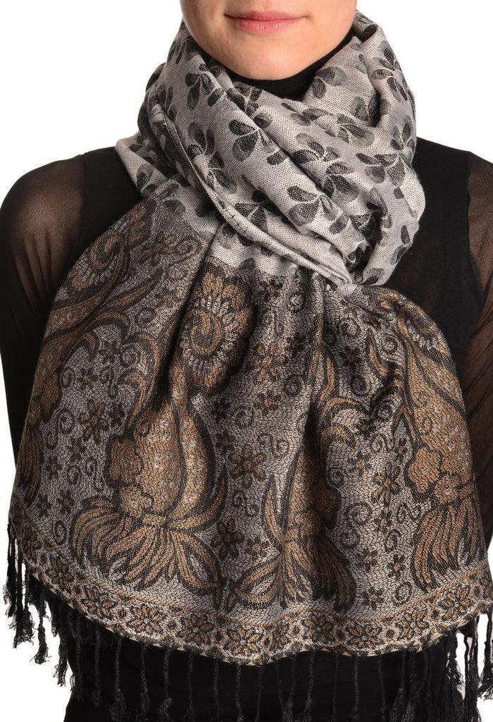 liss kiss Small Clovers On Silver Grey Pashmina With Tassels - Scarf