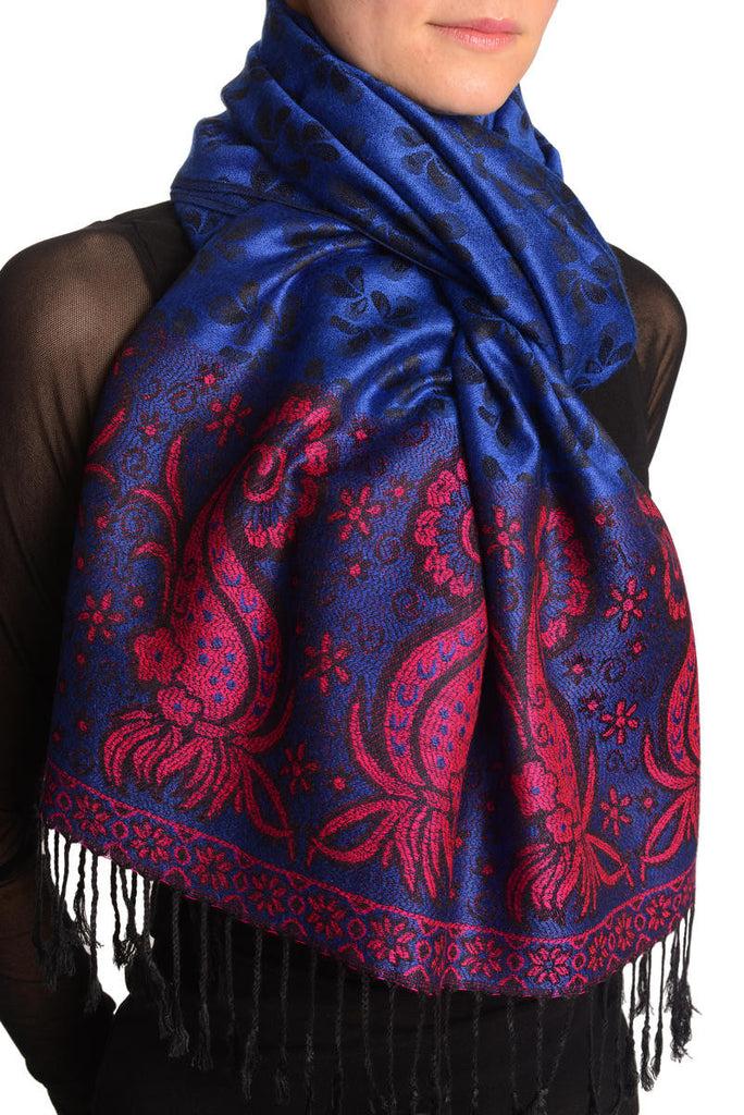 Liss Kiss Small Clovers On Ultramarine Blue Pashmina With Tassels - Scarf