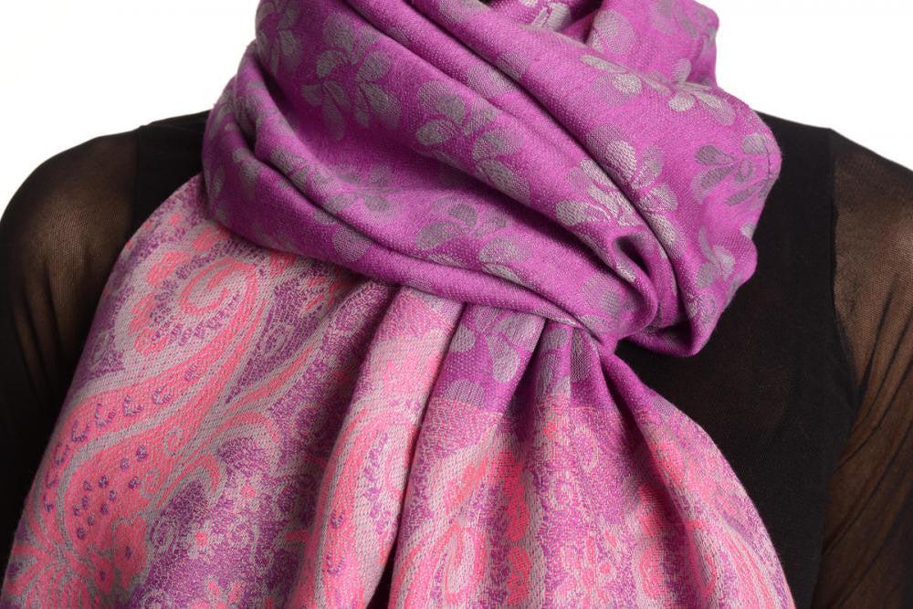 Liss Kiss Small Clovers On Violet Pashmina With Tassels - Scarf