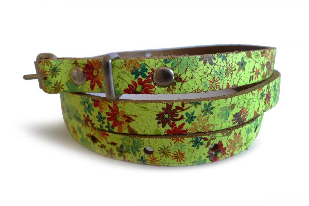 Liss Kiss Small Daisies On Neon Yellow Real Leather Rustic Look Women Belt - Belt