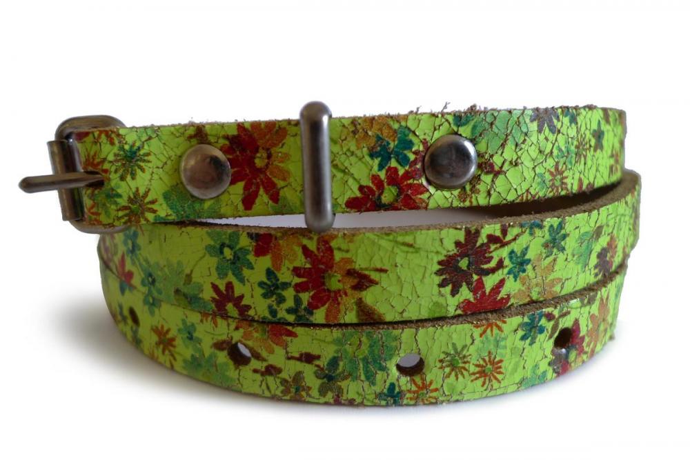 liss kiss Small Daisies On Neon Yellow Real Leather Rustic Look Women Belt - Belt