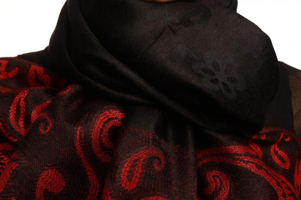 Liss Kiss Small Flowers & Paisleys On Black Pashmina With Tassels - Scarf
