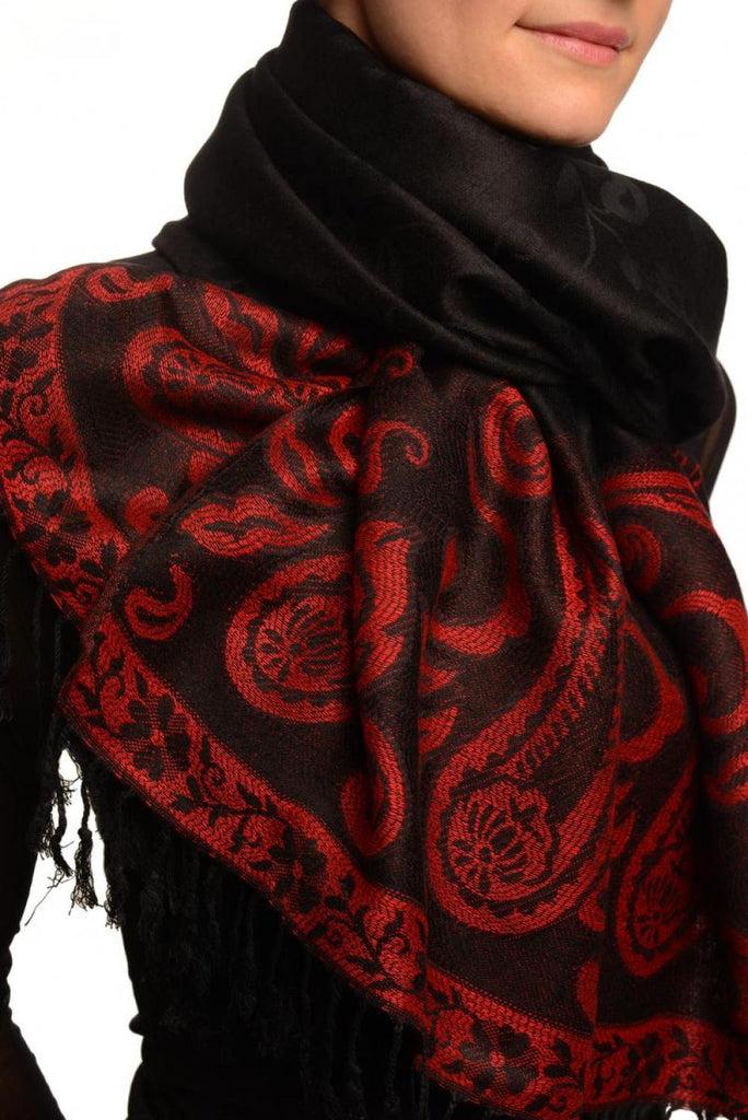 Liss Kiss Small Flowers & Paisleys On Black Pashmina With Tassels - Scarf