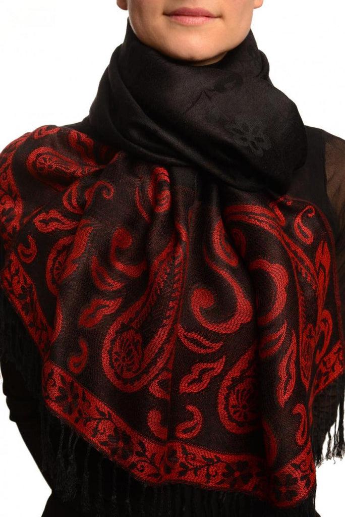 liss kiss Small Flowers & Paisleys On Black Pashmina With Tassels - Scarf