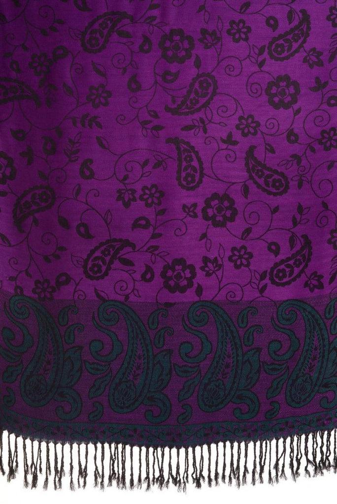 Liss Kiss Small Flowers & Paisleys On Bright Purple Pashmina With Tassels - Scarf