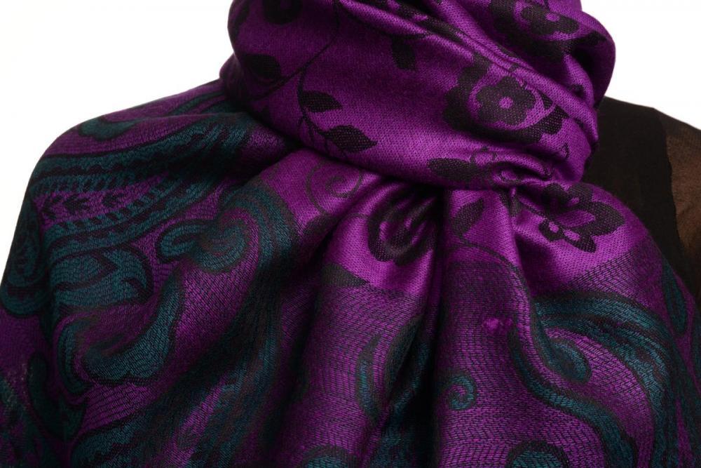 Liss Kiss Small Flowers & Paisleys On Bright Purple Pashmina With Tassels - Scarf