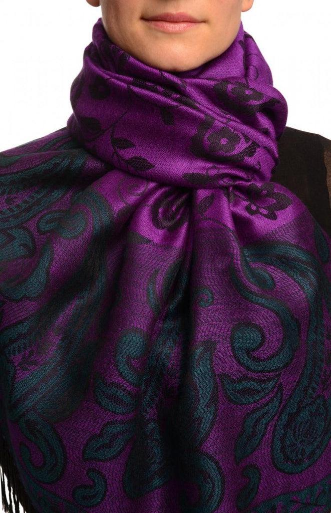 liss kiss Small Flowers & Paisleys On Bright Purple Pashmina With Tassels - Scarf