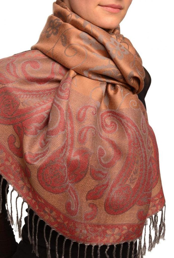 Liss Kiss Small Flowers & Paisleys On Brown Pashmina With Tassels - Scarf