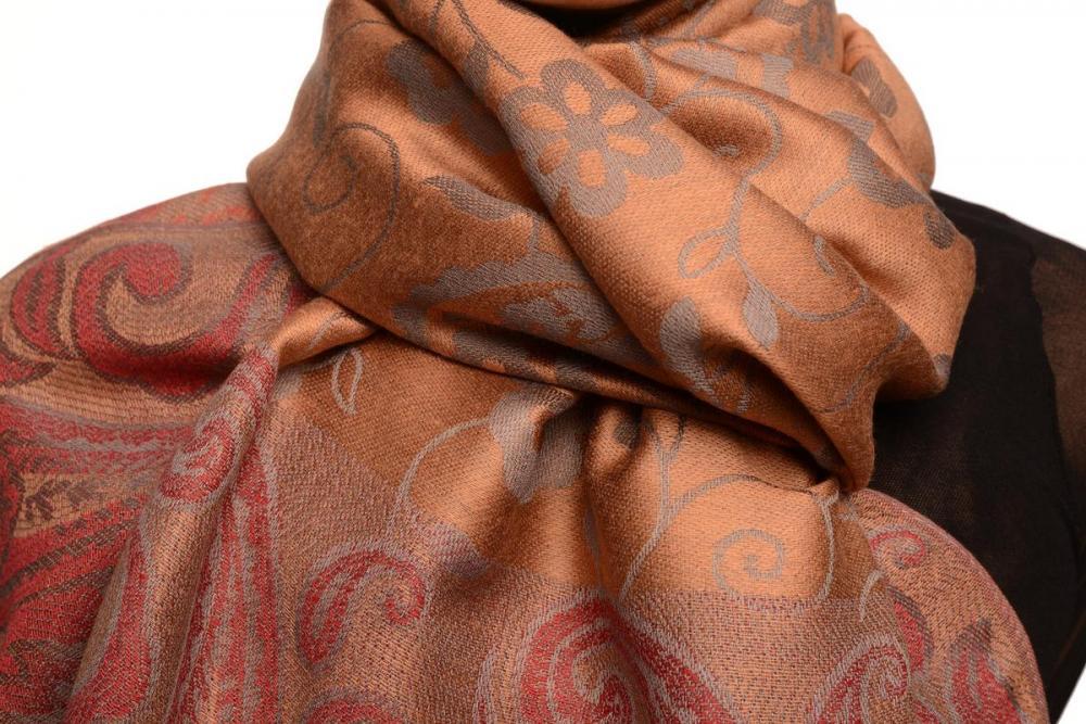 Liss Kiss Small Flowers & Paisleys On Brown Pashmina With Tassels - Scarf