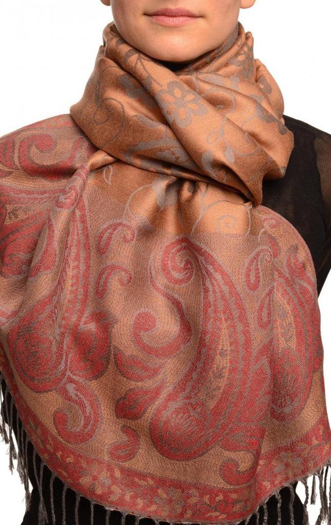 liss kiss Small Flowers & Paisleys On Brown Pashmina With Tassels - Scarf