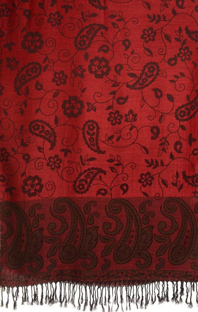 Liss Kiss Small Flowers & Paisleys On Burgundy Red Pashmina With Tassels - Scarf