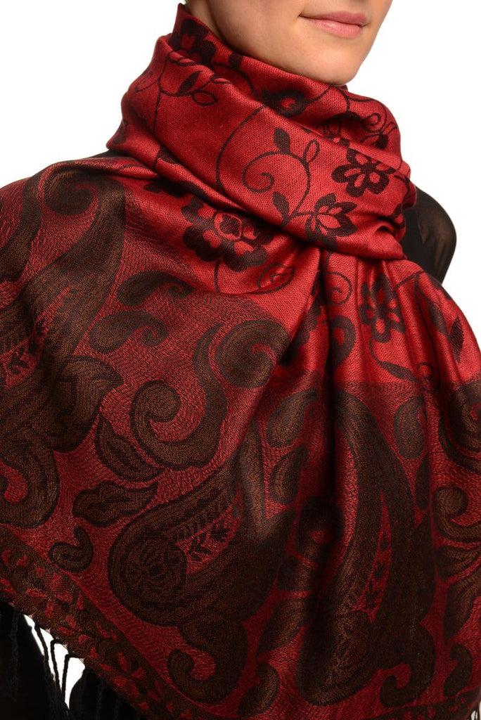 Liss Kiss Small Flowers & Paisleys On Burgundy Red Pashmina With Tassels - Scarf