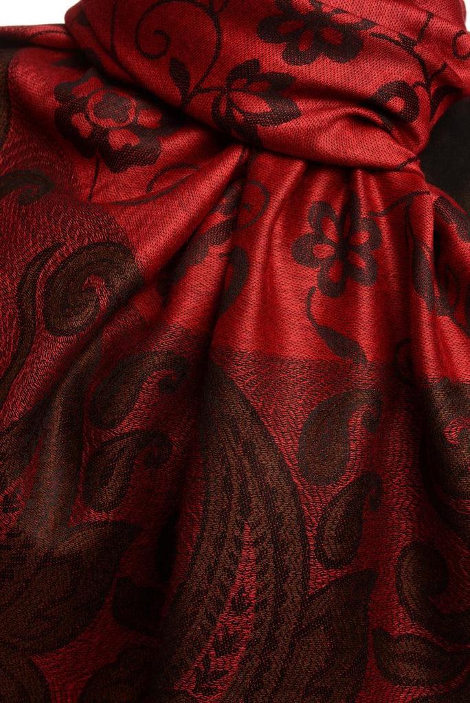 Liss Kiss Small Flowers & Paisleys On Burgundy Red Pashmina With Tassels - Scarf