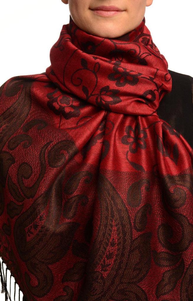 liss kiss Small Flowers & Paisleys On Burgundy Red Pashmina With Tassels - Scarf
