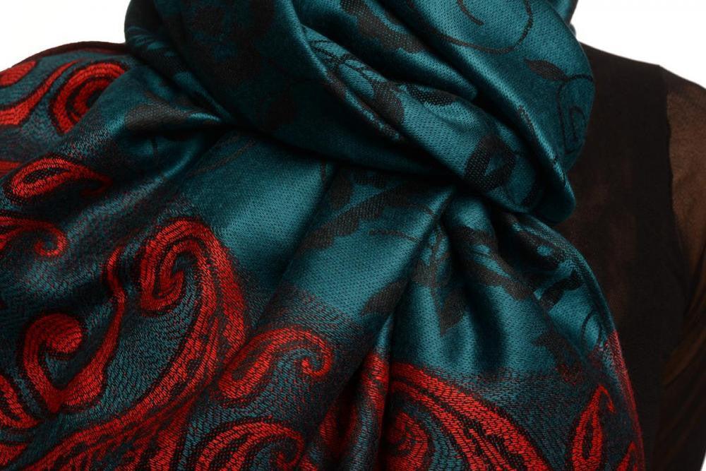 Liss Kiss Small Flowers & Paisleys On Cerulean Blue Pashmina With Tassels - Scarf