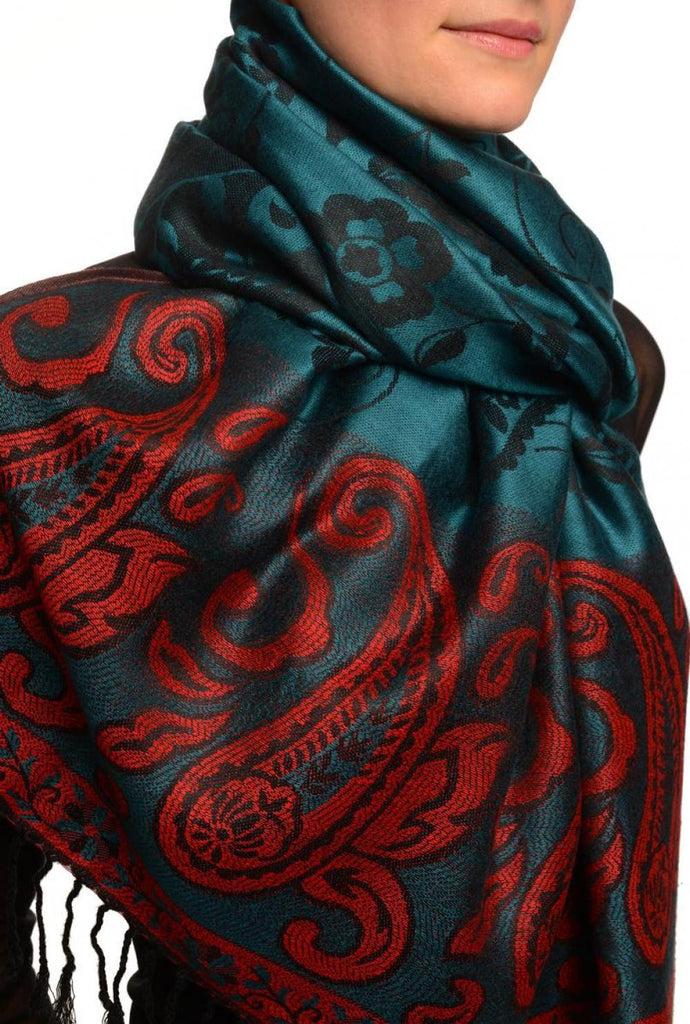 Liss Kiss Small Flowers & Paisleys On Cerulean Blue Pashmina With Tassels - Scarf