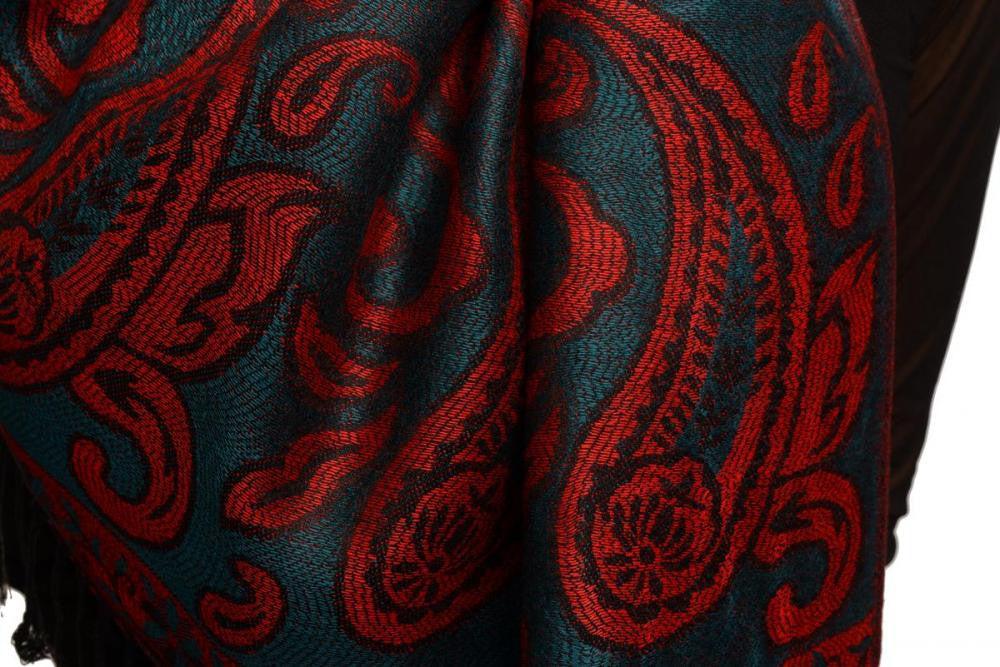 Liss Kiss Small Flowers & Paisleys On Cerulean Blue Pashmina With Tassels - Scarf