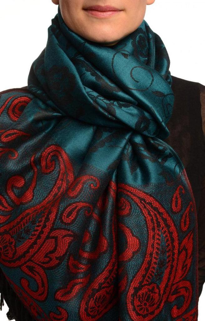 liss kiss Small Flowers & Paisleys On Cerulean Blue Pashmina With Tassels - Scarf